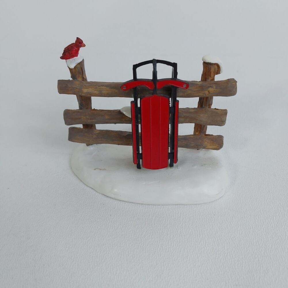 Lemax Christmas Village Accessory Red Sled and Red Cardinal on Fence